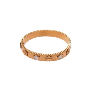 Rose gold stainless steel bangle featuring mother of pearl flower motifs and beaded edges