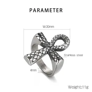 Detail of Ankh stainless steel ring with dimensions showing 30mm width and embossed texture