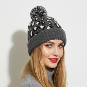 Leopard Print Knitted Beanie With Pom-Pom Winter Warm Fleece Lined Skull Cap For Women Casual Fashion