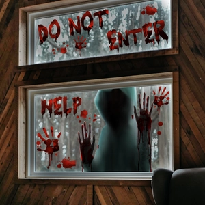 Scary Halloween window stickers featuring bloody handprints and Do Not Enter warning text