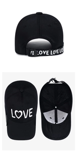 Three-view layout of a black LOVE baseball cap featuring detailed embroidery and straps