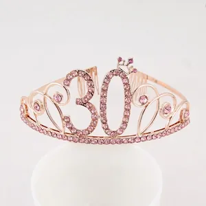 Elegant rose gold 30th birthday crown tiara with pink rhinestones for women party