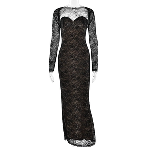 Elegant two-piece black lace bodycon midi dress with long sleeves and nude lining