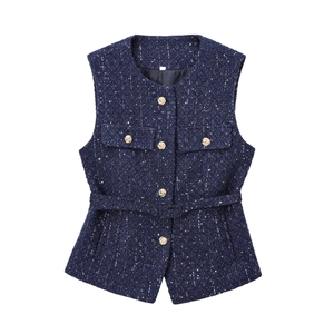 Navy blue tweed vest with sequins, gold buttons and matching belt on white background