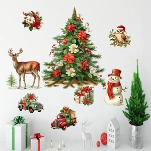 Christmas wall stickers set featuring Santa car, snowman, reindeer and tree decorations
