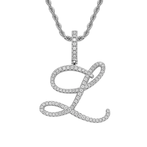 Macro shot of silver hip-hop letter L pendant with zircon pave and metal rope chain