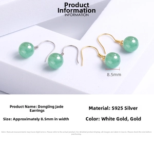 Macro detail of 8.5mm green aventurine earrings with S925 silver hooks in gold and silver