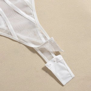 Detail view of the white mesh bodysuit featuring a secure triple metal hook crotch closure