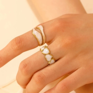 Gold-plated stainless steel heart and wavy rings set with white enamel inlay for women