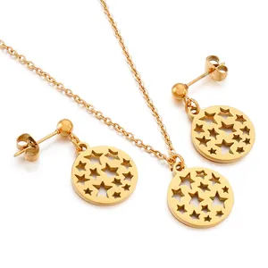 Golden jewelry set featuring hollow round star pendant necklace and matching stud earrings