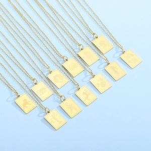 18K Gold Plated Stainless Steel Zodiac Necklace Rectangular Tag Pendant Engraved Constellation Jewelry For Women Vintage