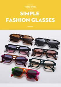 Flat lay of double-bridge aviator sunglasses in various colors like leopard and purple