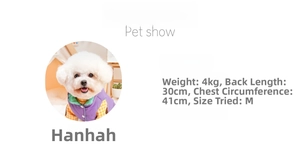 Size guide for purple pet vest with yellow check sleeves and detailed measurement specs