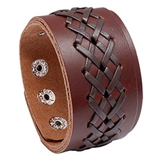 Detail of reddish-brown wide leather bracelet with woven design and metal snap buttons