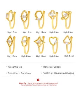 Detailed size specifications for gold-plated copper non-piercing nose rings with zircons