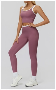 Close-up of contrast ribbed yoga set with high waist leggings and sports crop top
