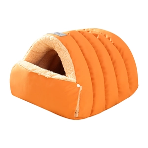 Orange semi-enclosed dome pet bed with warm faux lamb wool lining for small cats and dogs