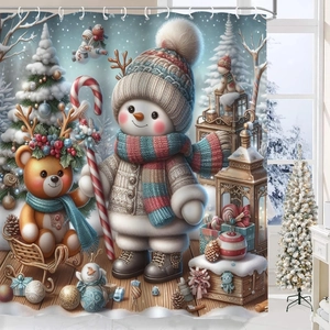 Detail of Christmas shower curtain with 3D snowman and bear in a cozy winter scene