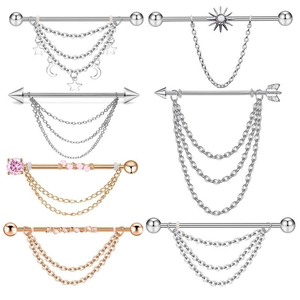 Industrial Barbell Earring Stainless Steel Chain Tassel Sun Moon Star Arrow Pendant Piercing Jewelry For Women