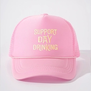 Pink Support Day Drinking trucker hat with adjustable mesh back and curved brim design