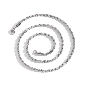 Detailed macro view of silver stainless steel rope chain with polished twisted link design