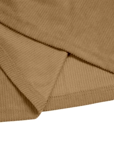 Detailed macro view of tan corduroy fabric texture and durable double-stitched hem finish