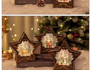 Détail de lanternes de Noël vintage en forme d'étoile avec des scènes de Père Noël