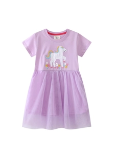 Robe Manches Courtes Filles Coton Jupe Maille Broderie Licorne Tutu Princesse Tenues Été Fête