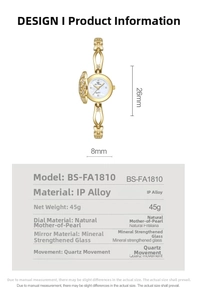 Detailed specifications for women's vintage gold quartz watch with natural pearl dial