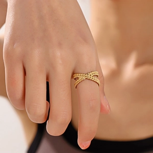 Elegant 18K gold plated stainless steel X-cross ring with beaded texture for women