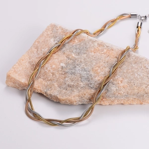 Three-tone braided stainless steel necklace in gold, silver and rose gold tones