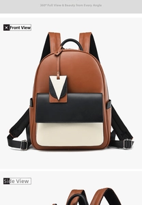 Detail view of stylish tricolor patchwork backpack in brown, black, and beige PU leather