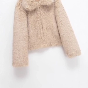 Women's French style faux fur short jacket in light apricot with plush long-haired texture