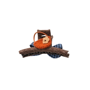 Brown wool shark hair clip with orange knit bag and blue checkered bow accessory