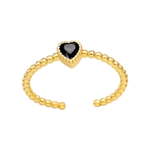 Detail of gold beaded ring band with a heart-shaped black gemstone centerpiece