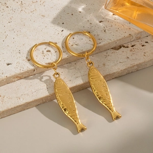 18K gold plated stainless steel hoop earrings with textured fish pendants for women