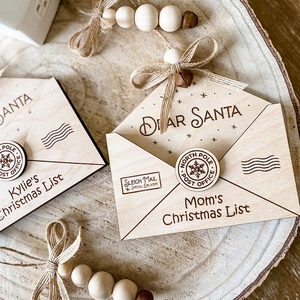 Nordic style wooden Christmas envelope ornament with Dear Santa engraving and bells