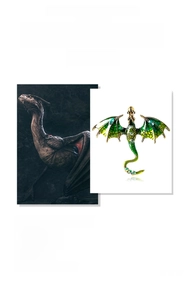 Macro detail of a green enamel flying dragon brooch with colorful rhinestones in gold finish