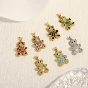 Teddy Bear Pendant Charm Copper Gold Plated Colorful Cubic Zirconia Heart Shaped DIY Jewelry Making Accessories Sweet Fashion