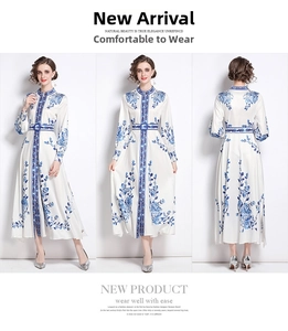 Detailed views of women's long sleeve dress with blue and white porcelain print and belt