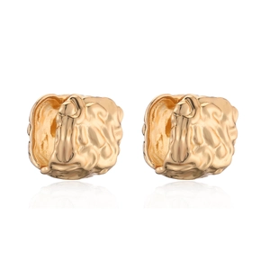 Pair of gold square earrings with lava texture finish on a clean white background