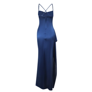 Detail of elegant navy blue satin evening dress featuring criss-cross back straps and side slit