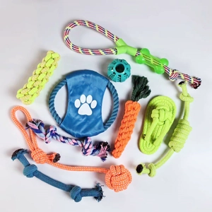 Detailed set of colorful cotton rope dog toys including balls and carrot for pet chewing