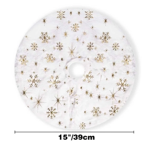 Detail of 15 inch white faux fur Christmas tree skirt with golden snowflake embroidery