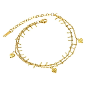 18K gold plated titanium steel double layer heart charm bracelet with pearl accents