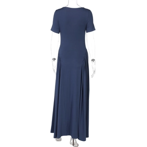 Detailed back view of a navy blue U-neck maxi dress with soft knit fabric texture