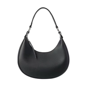 Minimalist black crescent hobo bag with pebbled leather texture and silver hardware