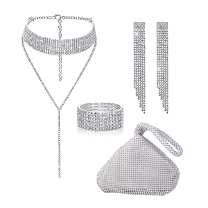 Silver bridal jewelry set with rhinestone choker, bracelet, tassel earrings and clutch