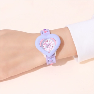 Detail of purple heart-shaped kids watch with 3D colorful silicone strap on wrist