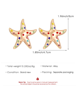 Detailed view of colorful rhinestone starfish earrings with 5cm by 4.7cm size dimensions